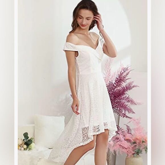 HomRain Floral Eyelet Lace Dress Off The Shoulder High Low Hem Dress L - Picture 2 of 13